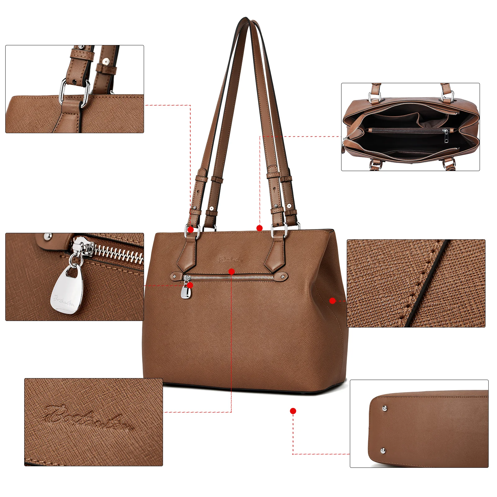 Nevin Structured Leather Shoulder Tote Bag - Front Zipper Pocket - Image 22