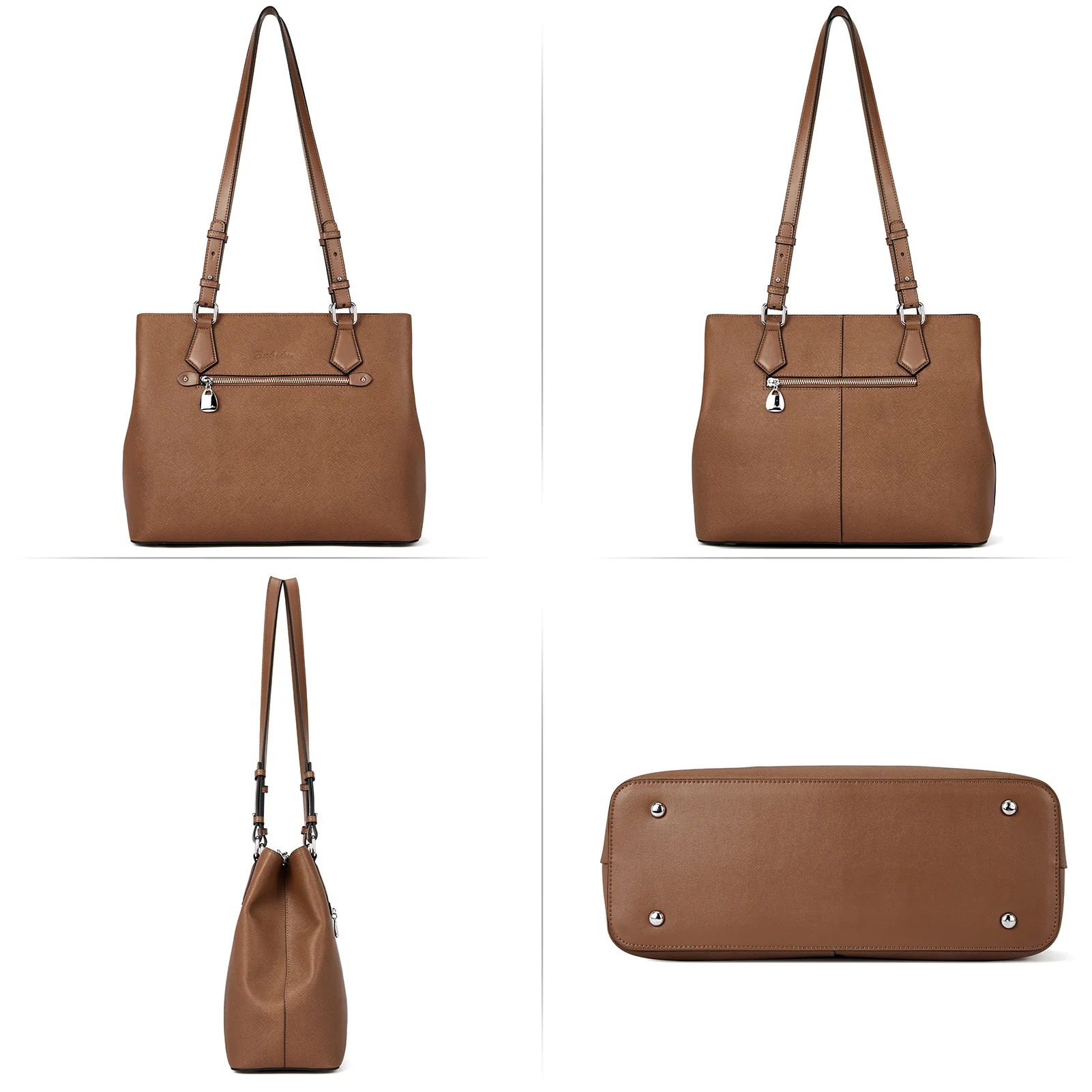 Nevin Structured Leather Shoulder Tote Bag - Front Zipper Pocket - Image 23