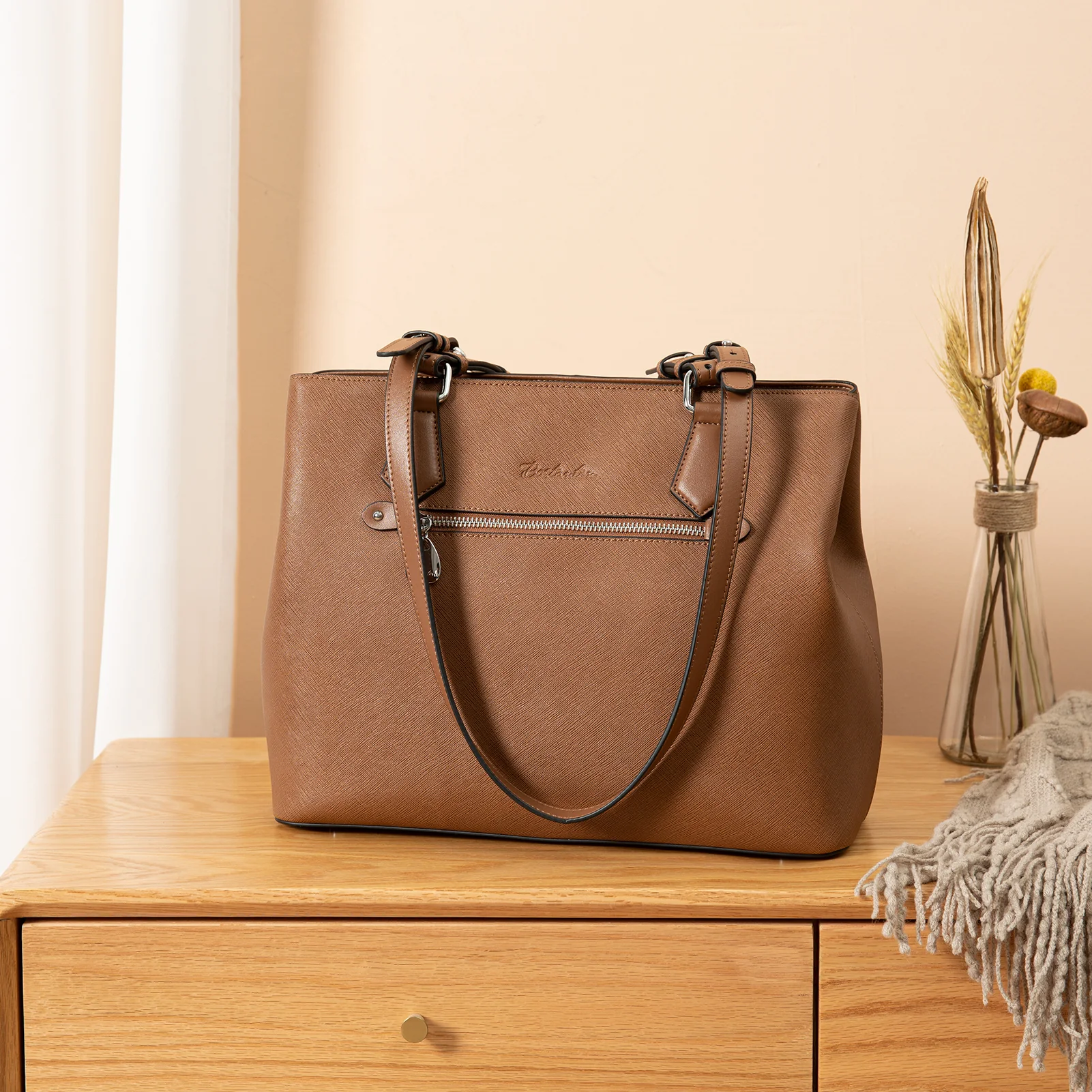 Nevin Structured Leather Shoulder Tote Bag - Front Zipper Pocket - Image 24
