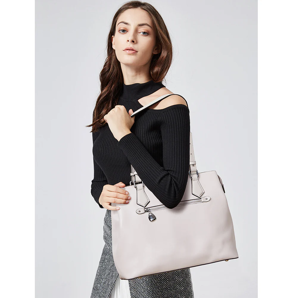 Nevin Structured Leather Shoulder Tote Bag - Front Zipper Pocket - Image 27