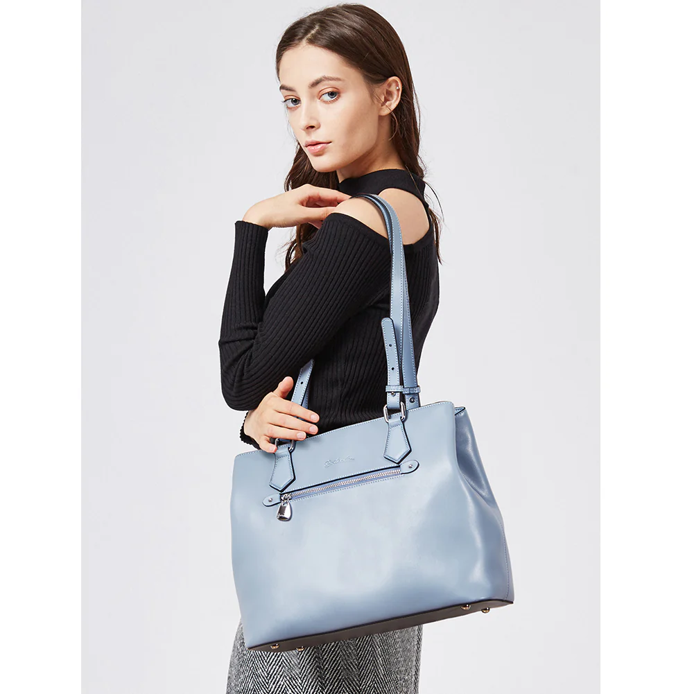 Nevin Structured Leather Shoulder Tote Bag - Front Zipper Pocket - Image 32