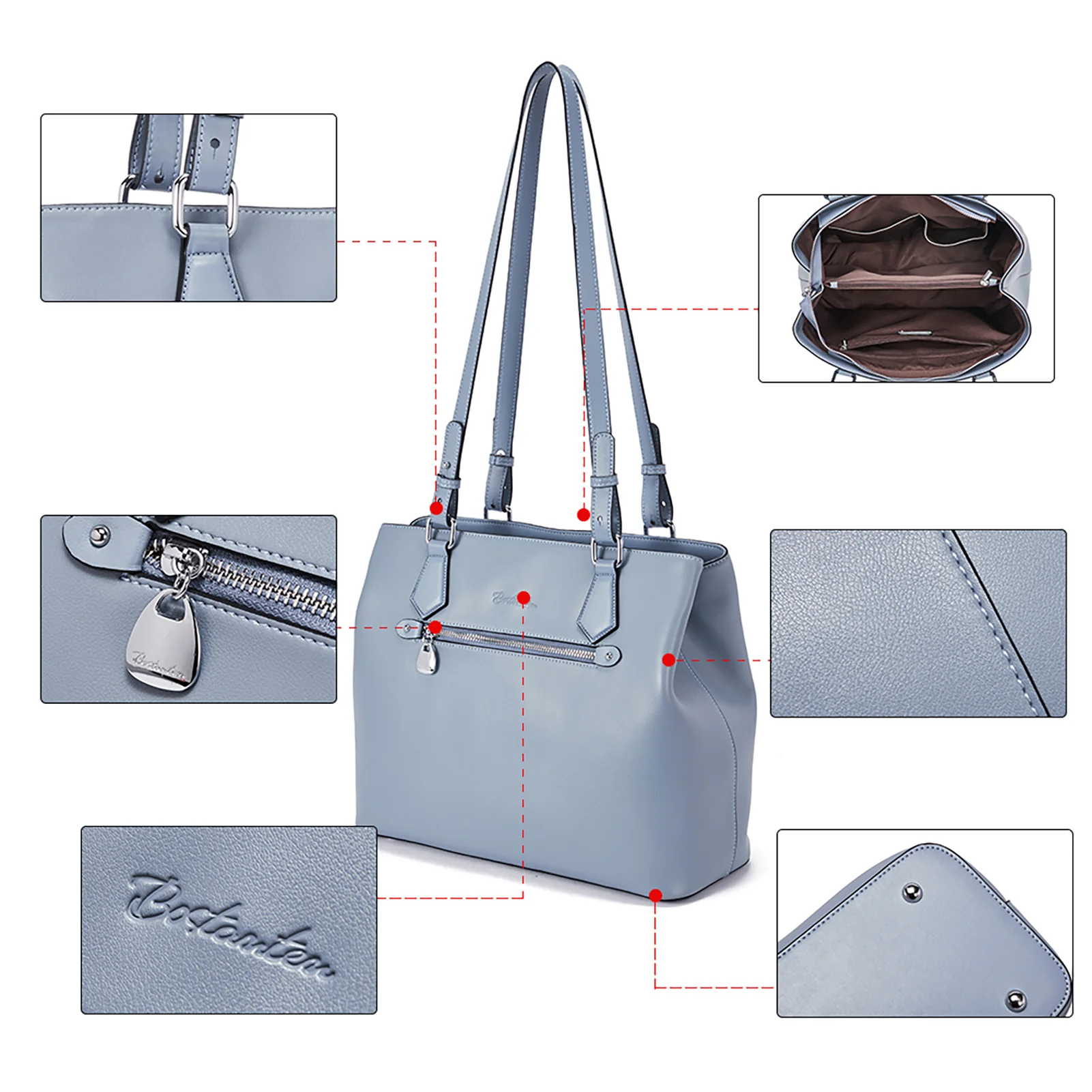 Nevin Structured Leather Shoulder Tote Bag - Front Zipper Pocket - Image 34