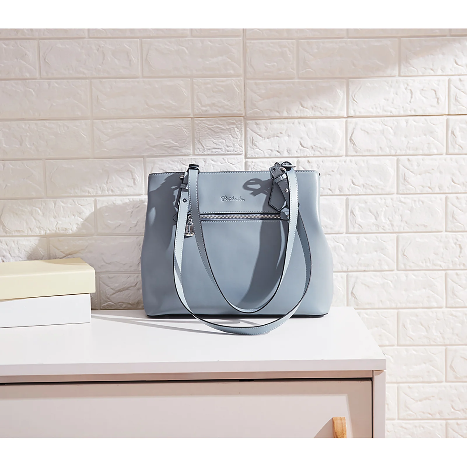 Nevin Structured Leather Shoulder Tote Bag - Front Zipper Pocket - Image 36