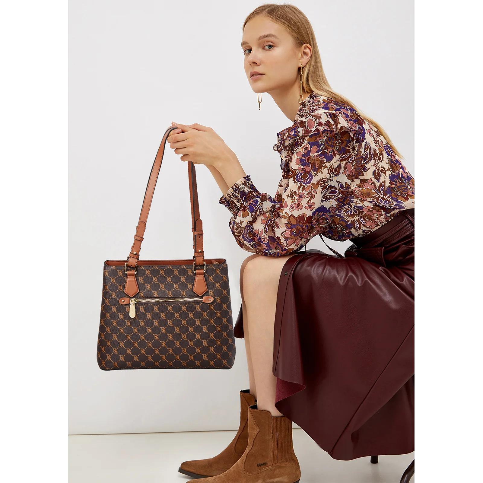 Nevin Structured Leather Shoulder Tote Bag - Front Zipper Pocket - Image 39