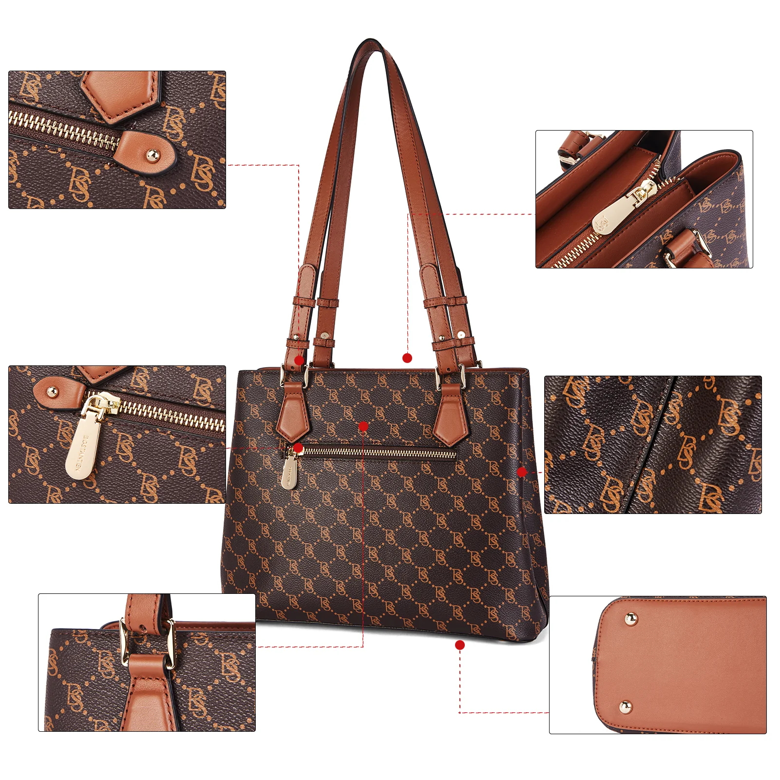 Nevin Structured Leather Shoulder Tote Bag - Front Zipper Pocket - Image 40