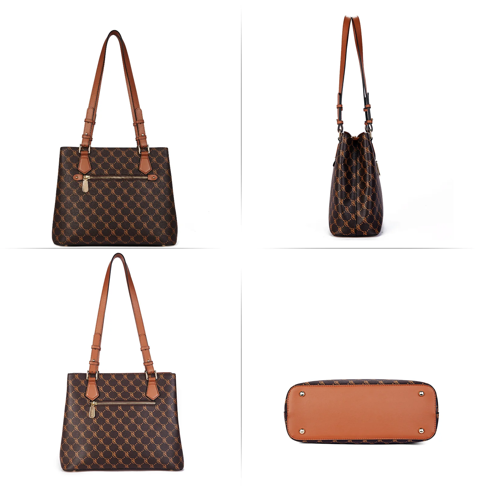 Nevin Structured Leather Shoulder Tote Bag - Front Zipper Pocket - Image 41