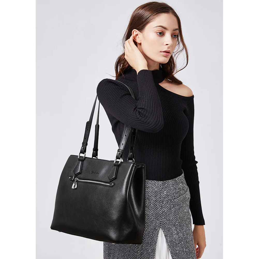 Nevin Structured Leather Shoulder Tote Bag - Front Zipper Pocket - Image 8