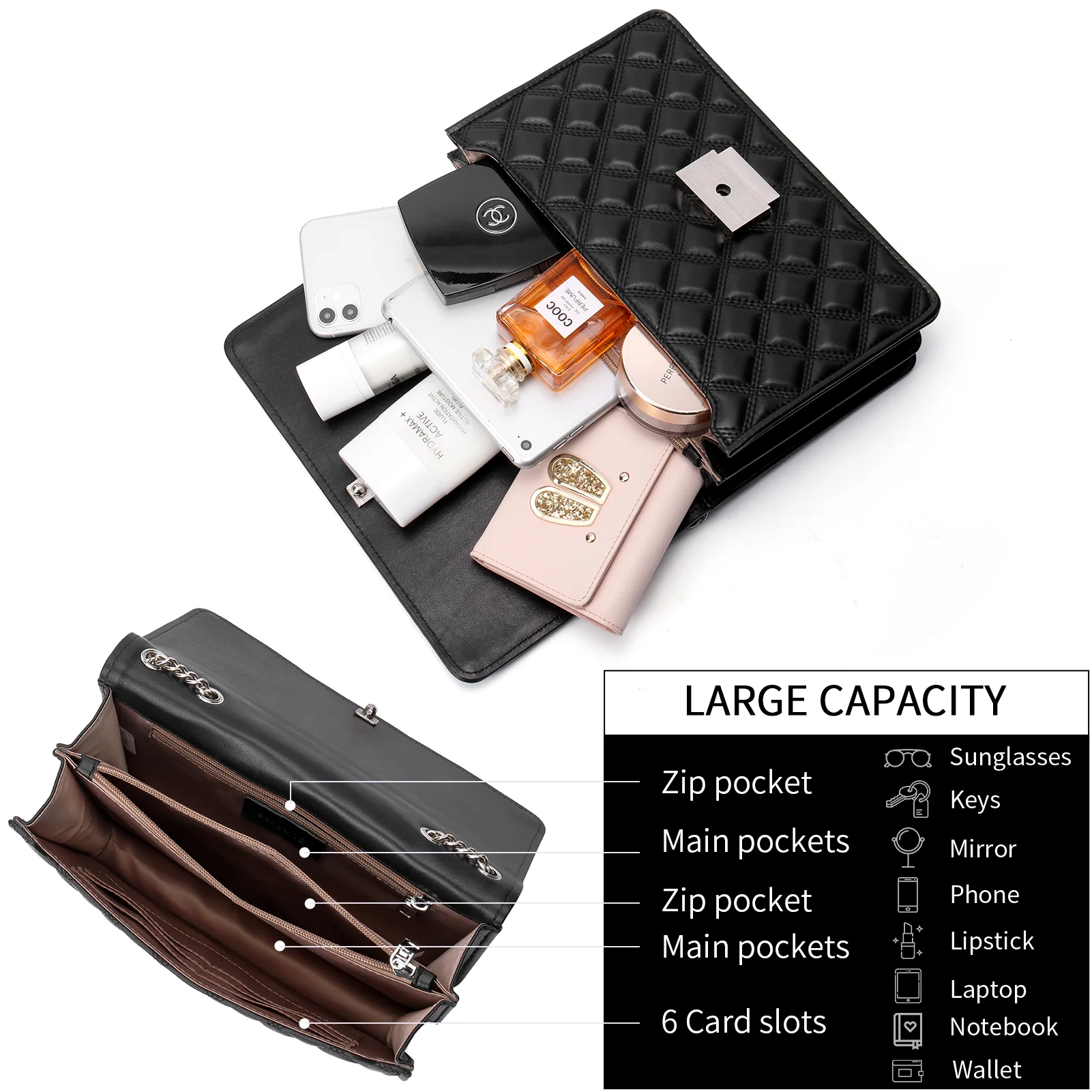 BOSTANTEN Women Handbags Designer Lambskin Leather Quilted Purses Crossbody Shoulder Bag with Chain Strap - Image 3