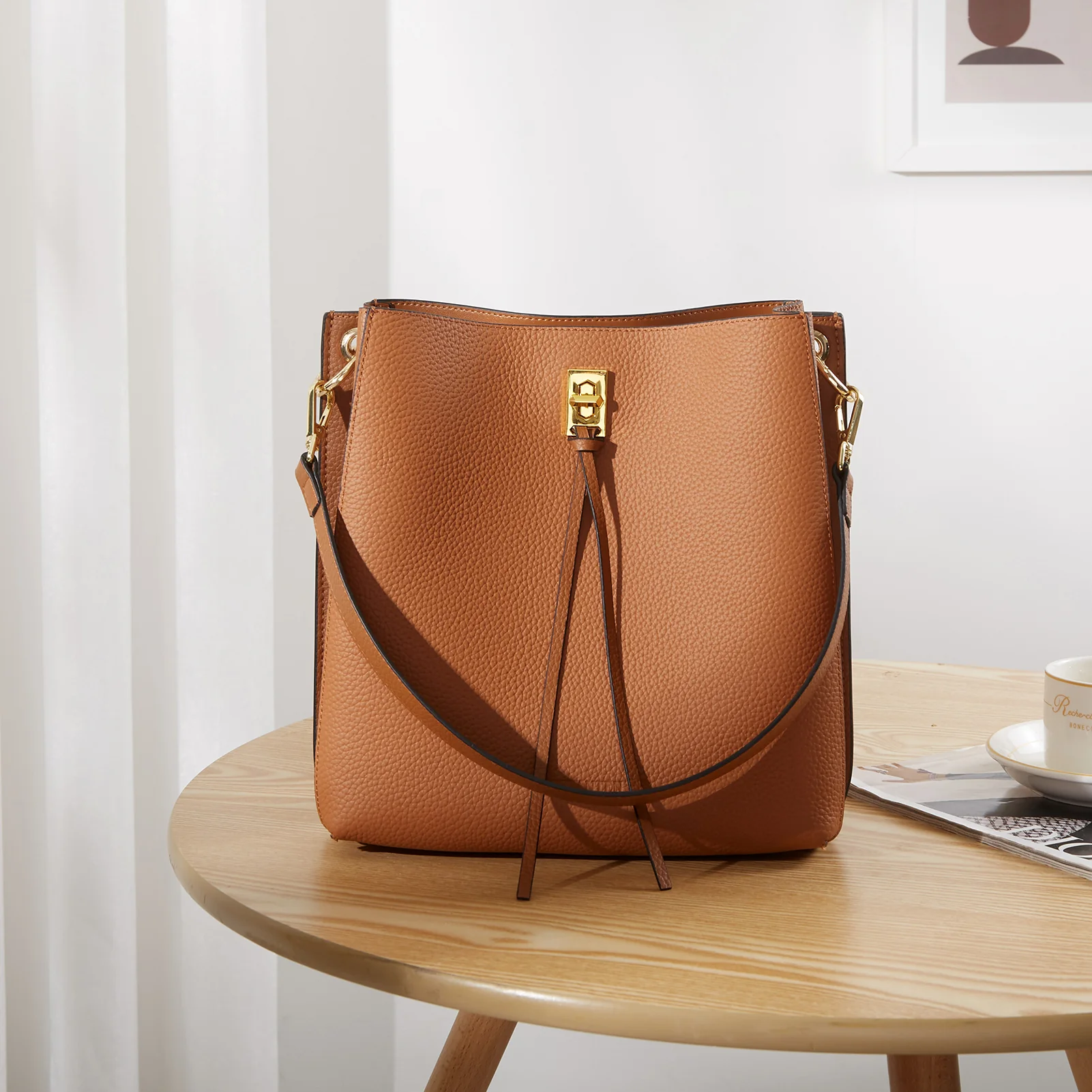 Lotty Tasseled Grained Leather Medium Bucket Bag - Image 14