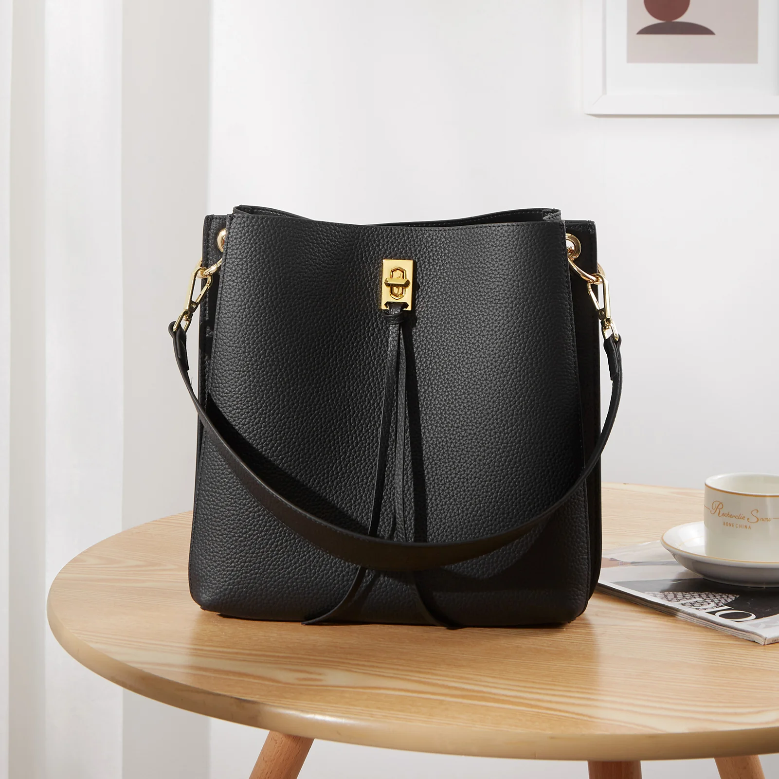 Lotty Tasseled Grained Leather Medium Bucket Bag - Image 7