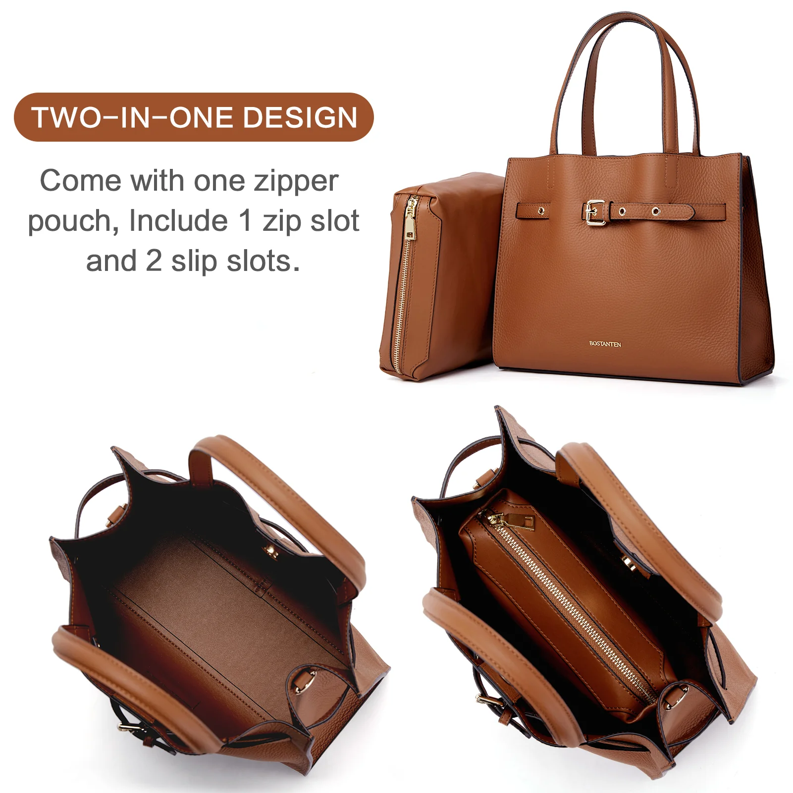 BOSTANTEN Women Handbags Purses Leather Tote Bags Designer Fashion Top Handle Crossbody Bags with Zipper Pouch - Image 12