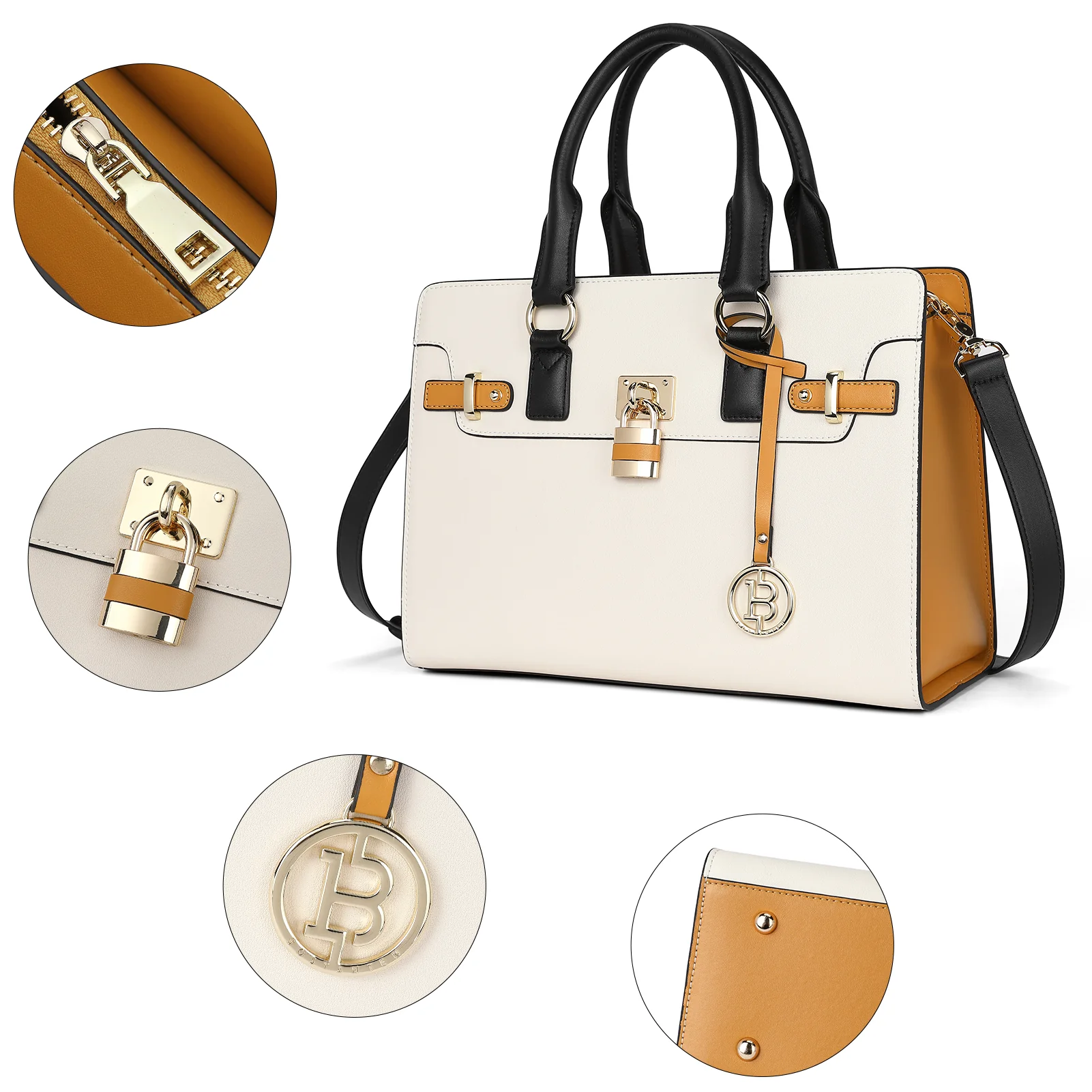 BOSTANTEN Women Leather Handbags Designer Satchel Purses Two-Tone Top Handle Work Shoulder Tote Bags - Image 4