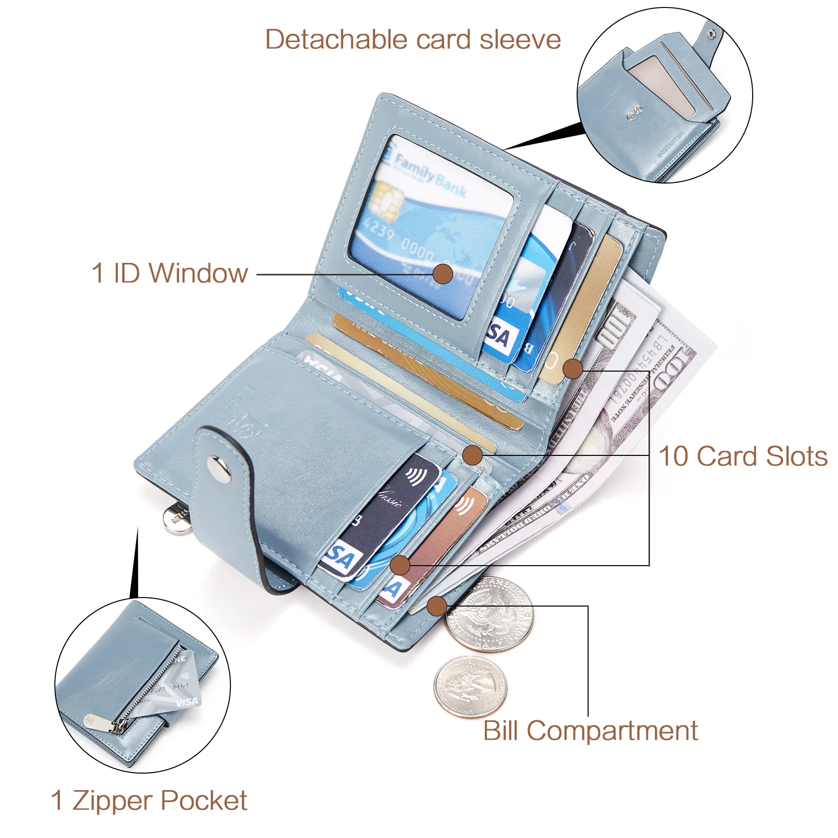 BOSTANTEN Women Leather Wallet RFID Blocking Small Bifold Zipper Pocket Wallet Card Case Purse with ID Window - Image 19