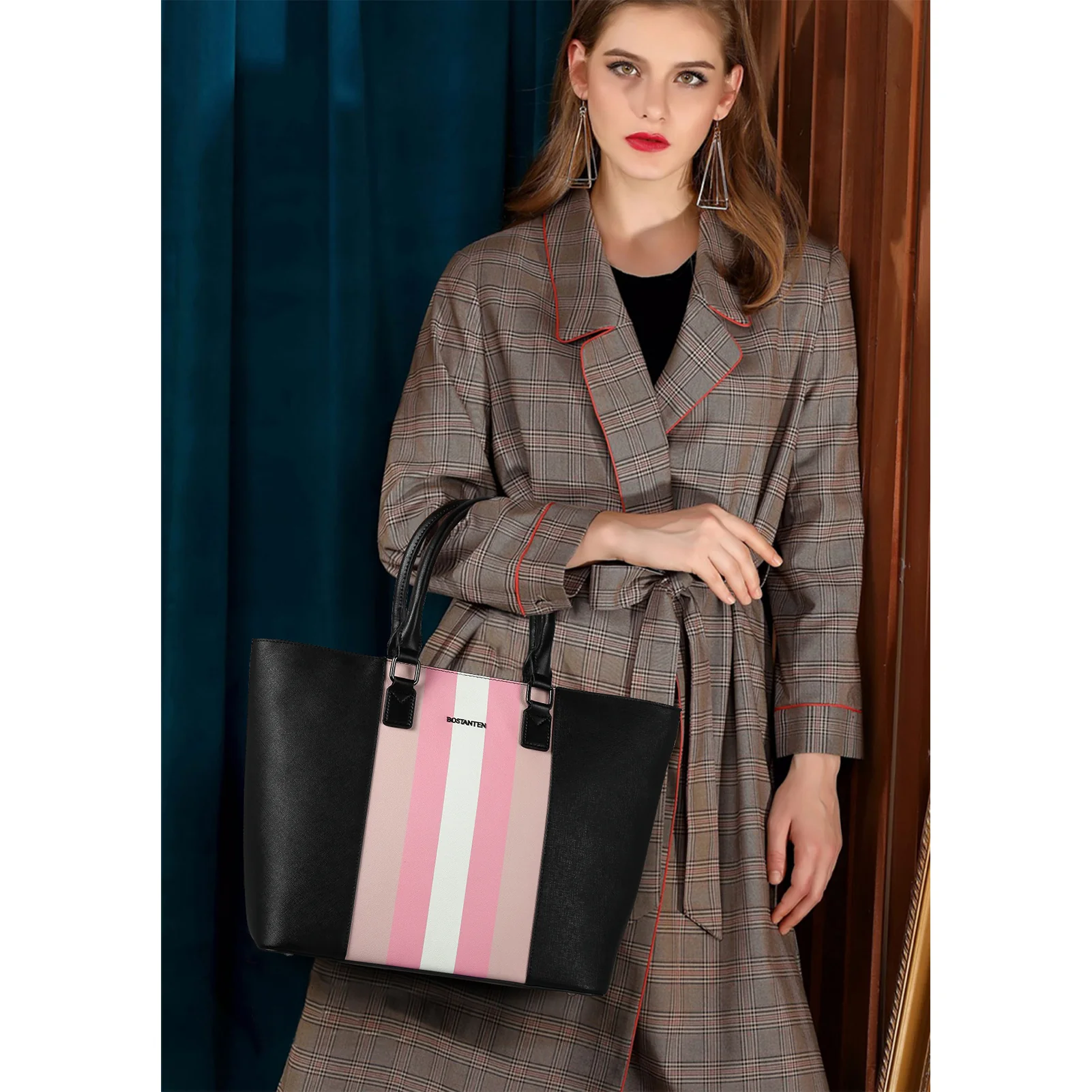 BOSTANTEN Women Tote Bag Genuine Leather Handbags Purses Shoulder Satchel Purse Work Bag Stripe Pattern - Image 2