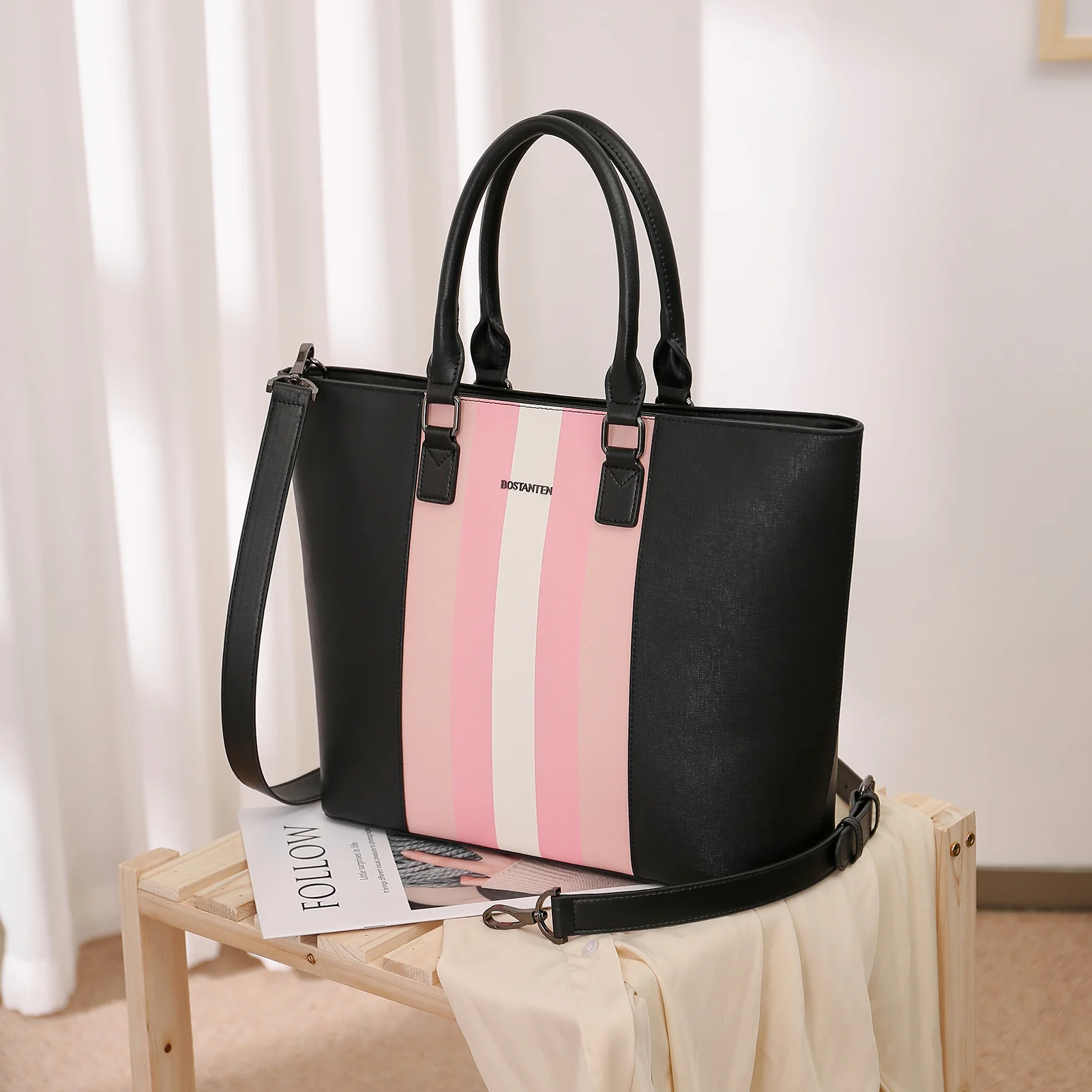 BOSTANTEN Women Tote Bag Genuine Leather Handbags Purses Shoulder Satchel Purse Work Bag Stripe Pattern - Image 5