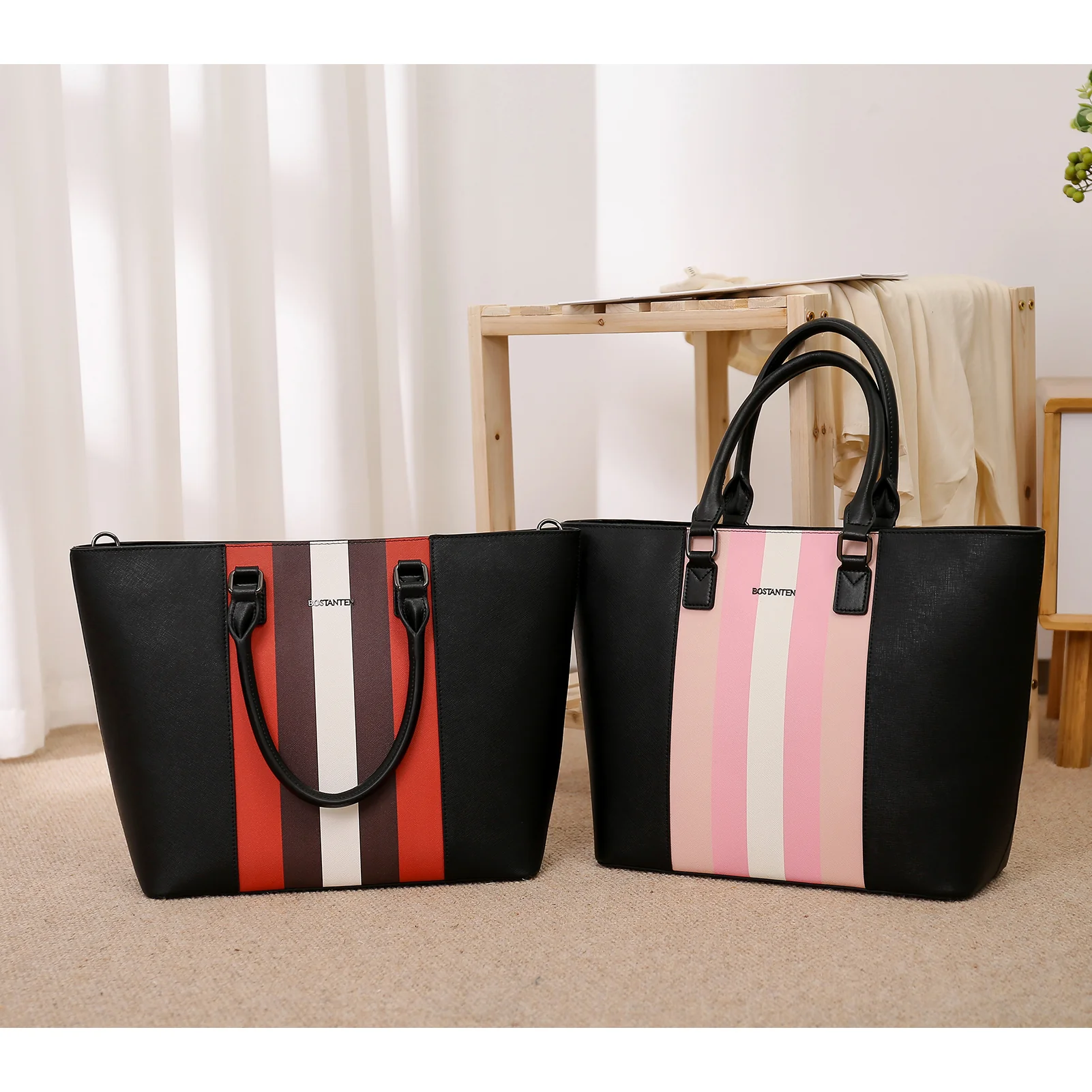 BOSTANTEN Women Tote Bag Genuine Leather Handbags Purses Shoulder Satchel Purse Work Bag Stripe Pattern - Image 7