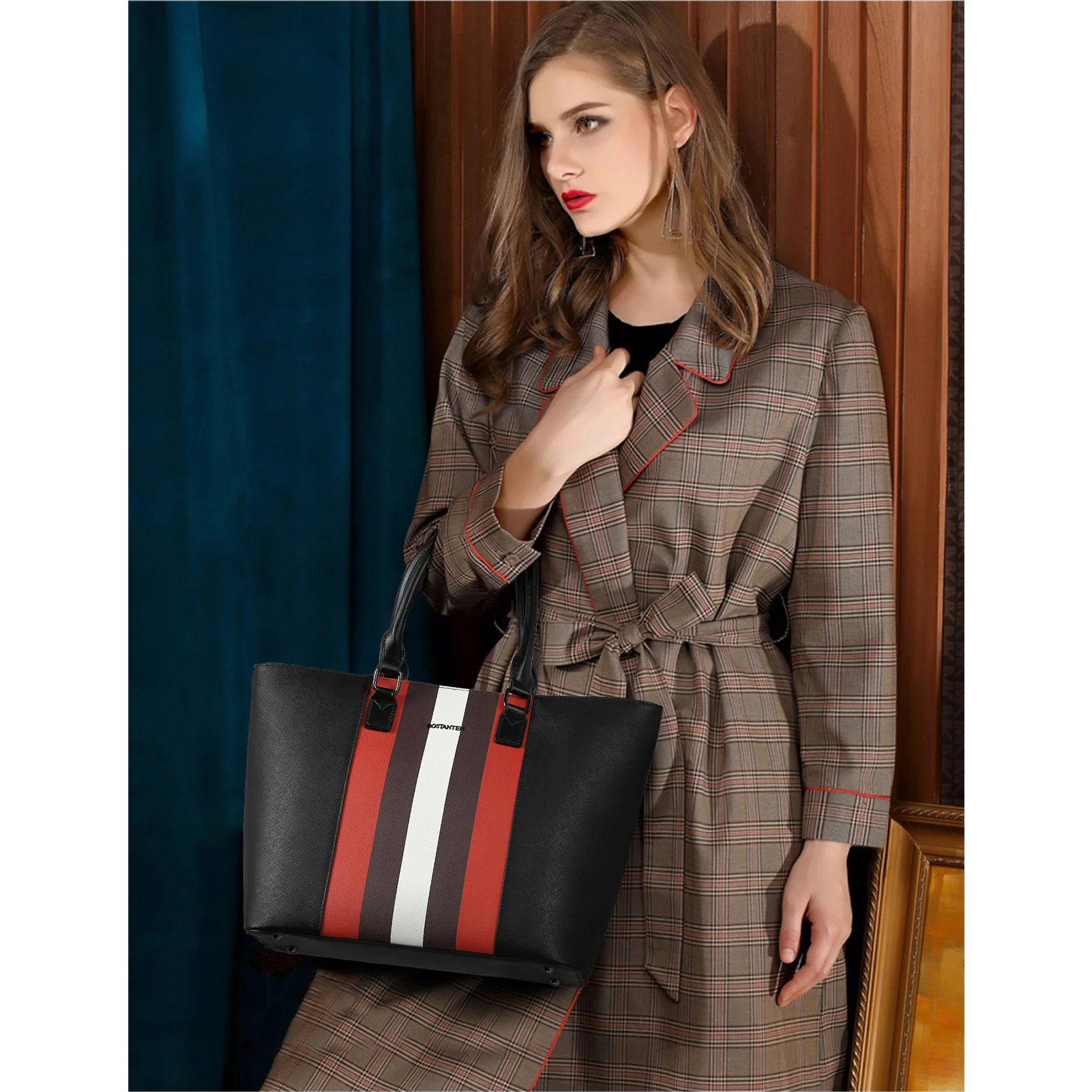 BOSTANTEN Women Tote Bag Genuine Leather Handbags Purses Shoulder Satchel Purse Work Bag Stripe Pattern - Image 8