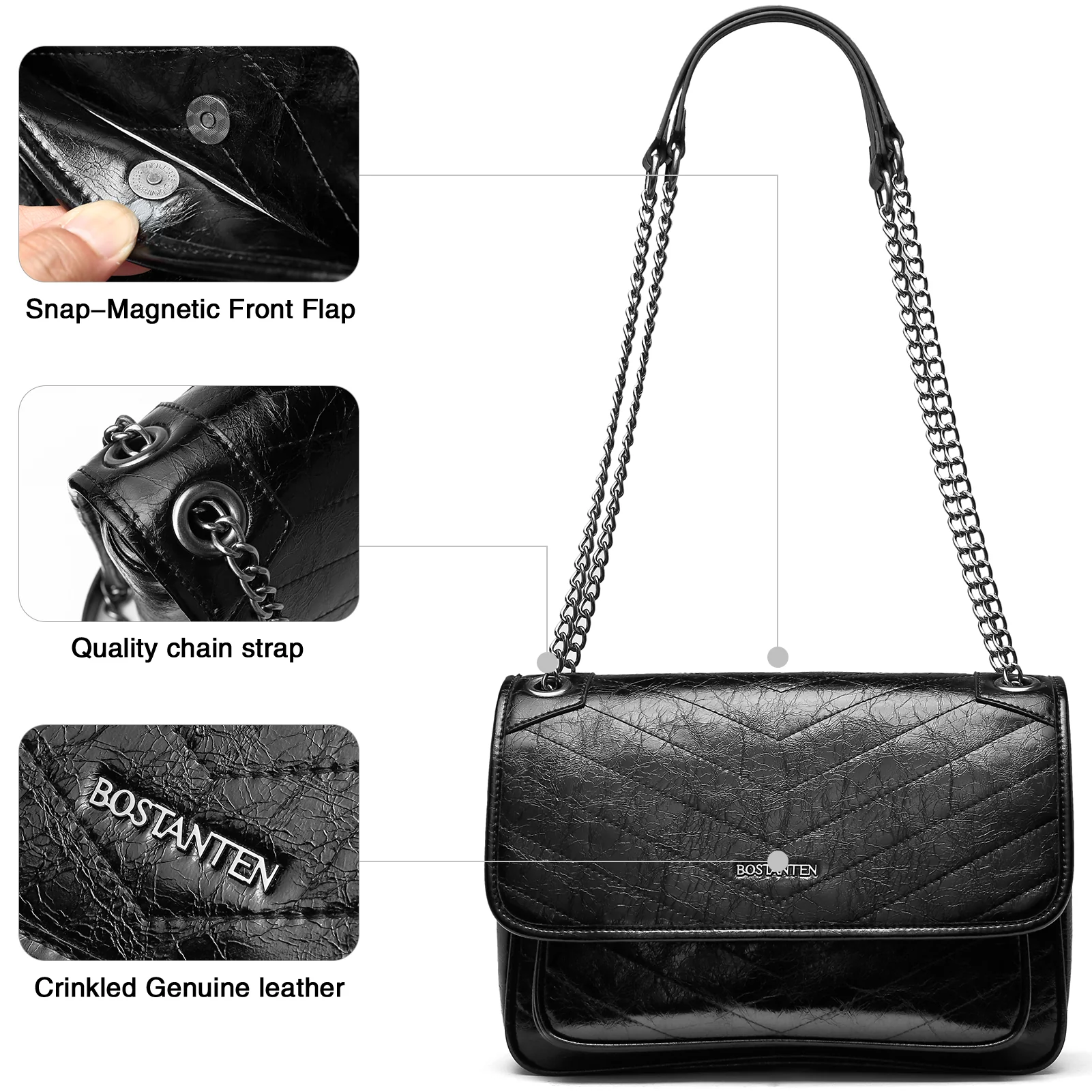 BOSTANTEN Women's Leather Handbag Designer Chevron Quilted Crossbody Bag Fashion Chain Strap Shoulder Purses - Image 7