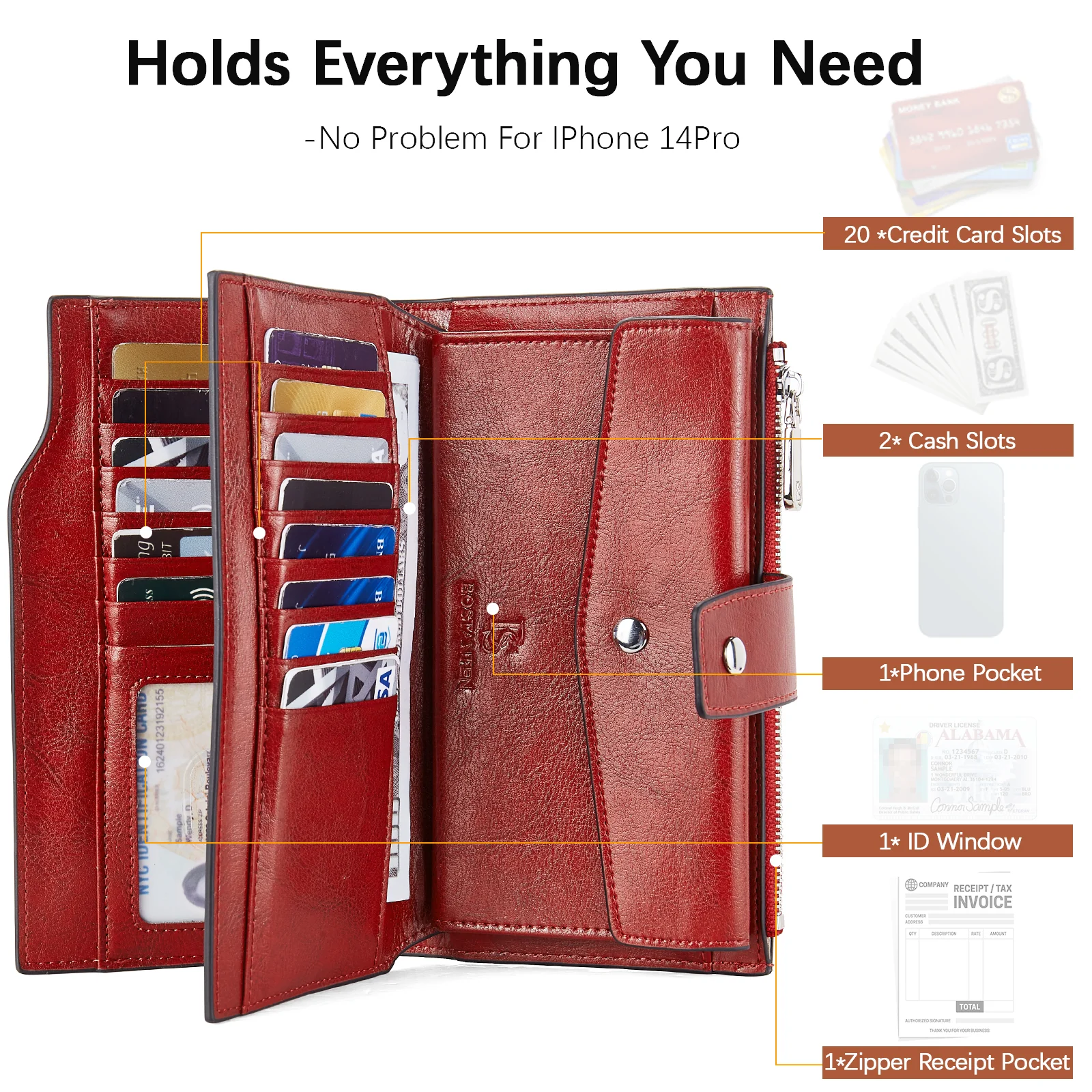 Lnna Genuine Leather RFID Wallets With Checkbooks - Cash Clutch - Image 25