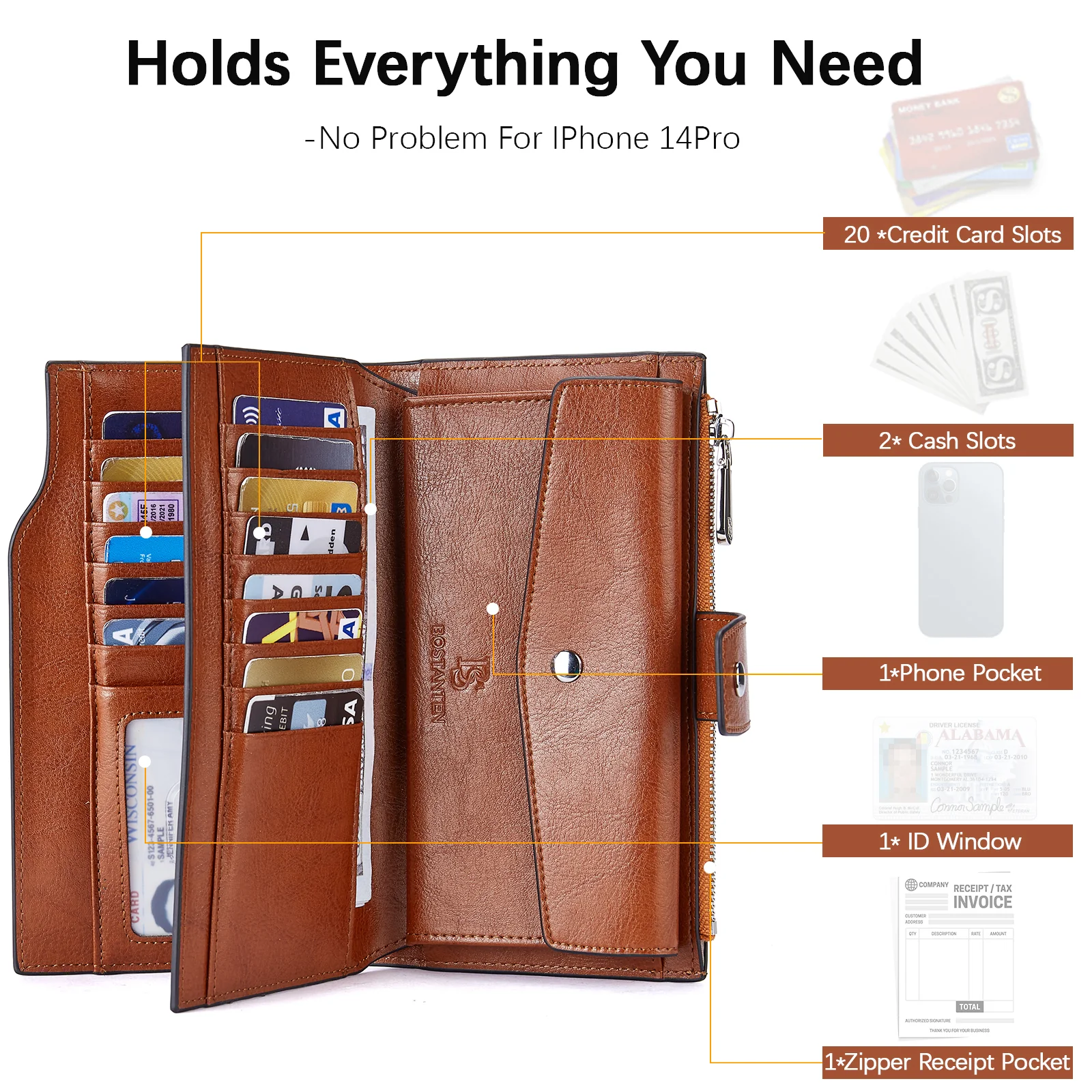 Lnna Genuine Leather RFID Wallets With Checkbooks - Cash Clutch - Image 3