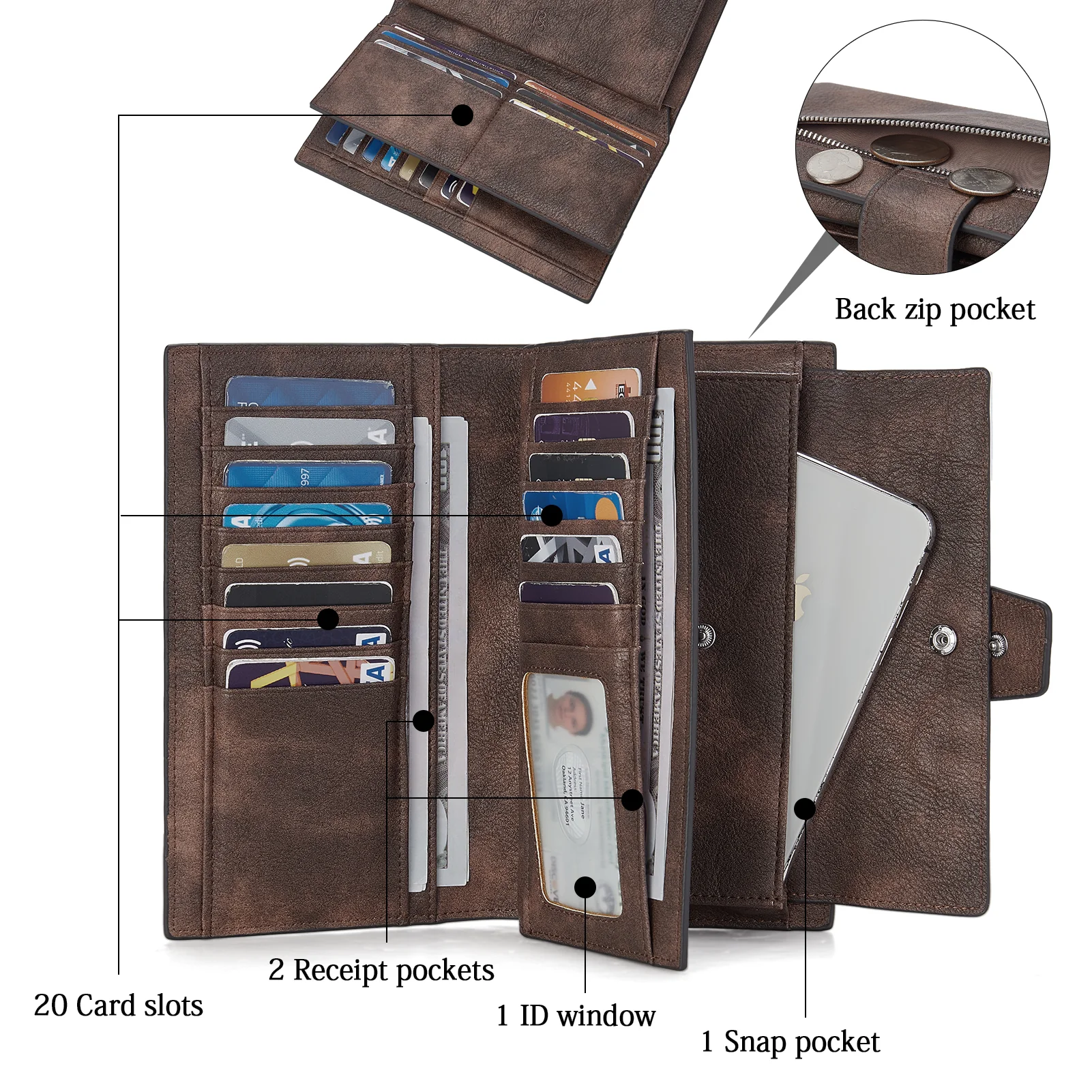 BOSTANTEN Womens Wallet Leather Wallets Large Capacity Cash Cluth Purses Coffee Rough Grain - Image 4