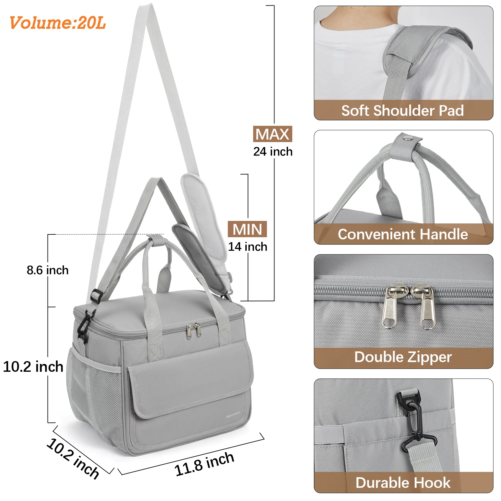 Cooler Bag, 30 Cans 20L Collapsible Soft Cooler Bag, Leakproof Beach Cooler Bag Portable Ice Chest with Bottle Opener, Insulated Lunch Bag for Picnic, Beach, Camping, Travel, Work, Grey - Image 3