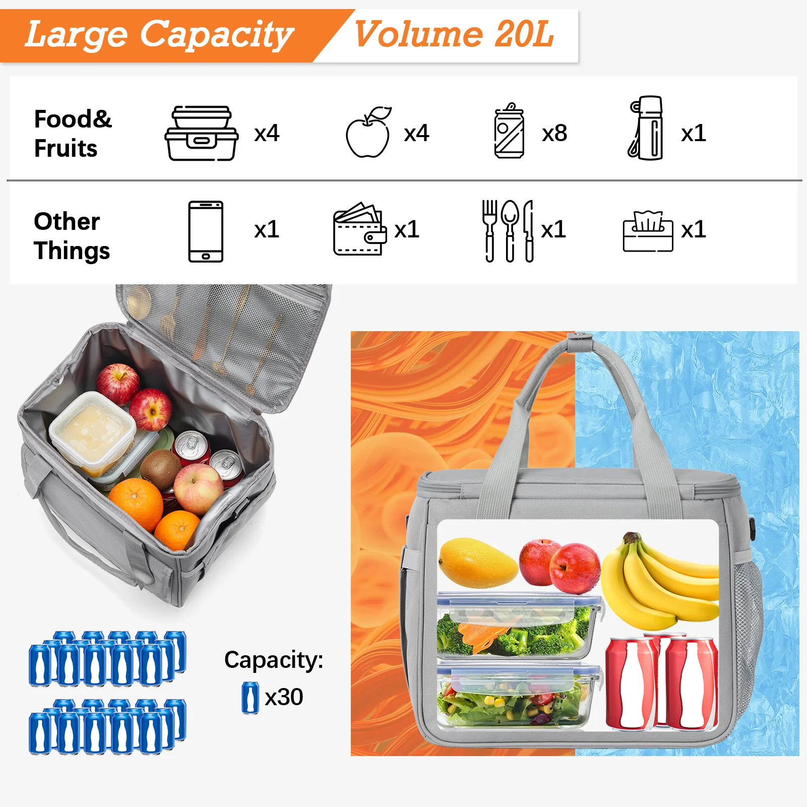 Cooler Bag, 30 Cans 20L Collapsible Soft Cooler Bag, Leakproof Beach Cooler Bag Portable Ice Chest with Bottle Opener, Insulated Lunch Bag for Picnic, Beach, Camping, Travel, Work, Grey - Image 6