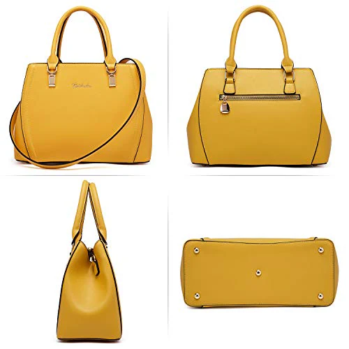 Designer 11'' Leather Satchel With Crossbody Strap-Yellow & Pink - Image 6