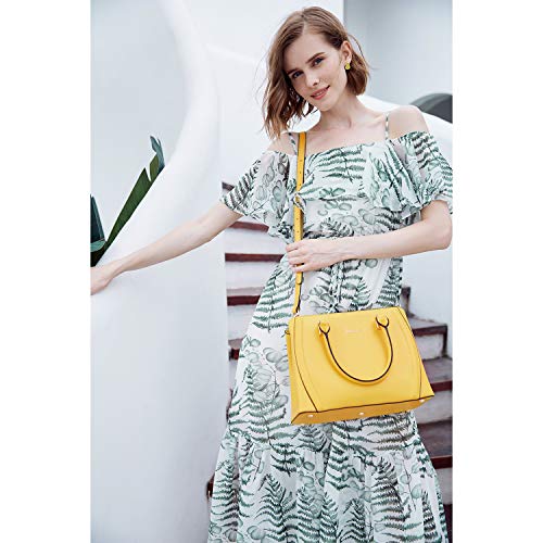 Designer 11'' Leather Satchel With Crossbody Strap-Yellow & Pink - Image 7