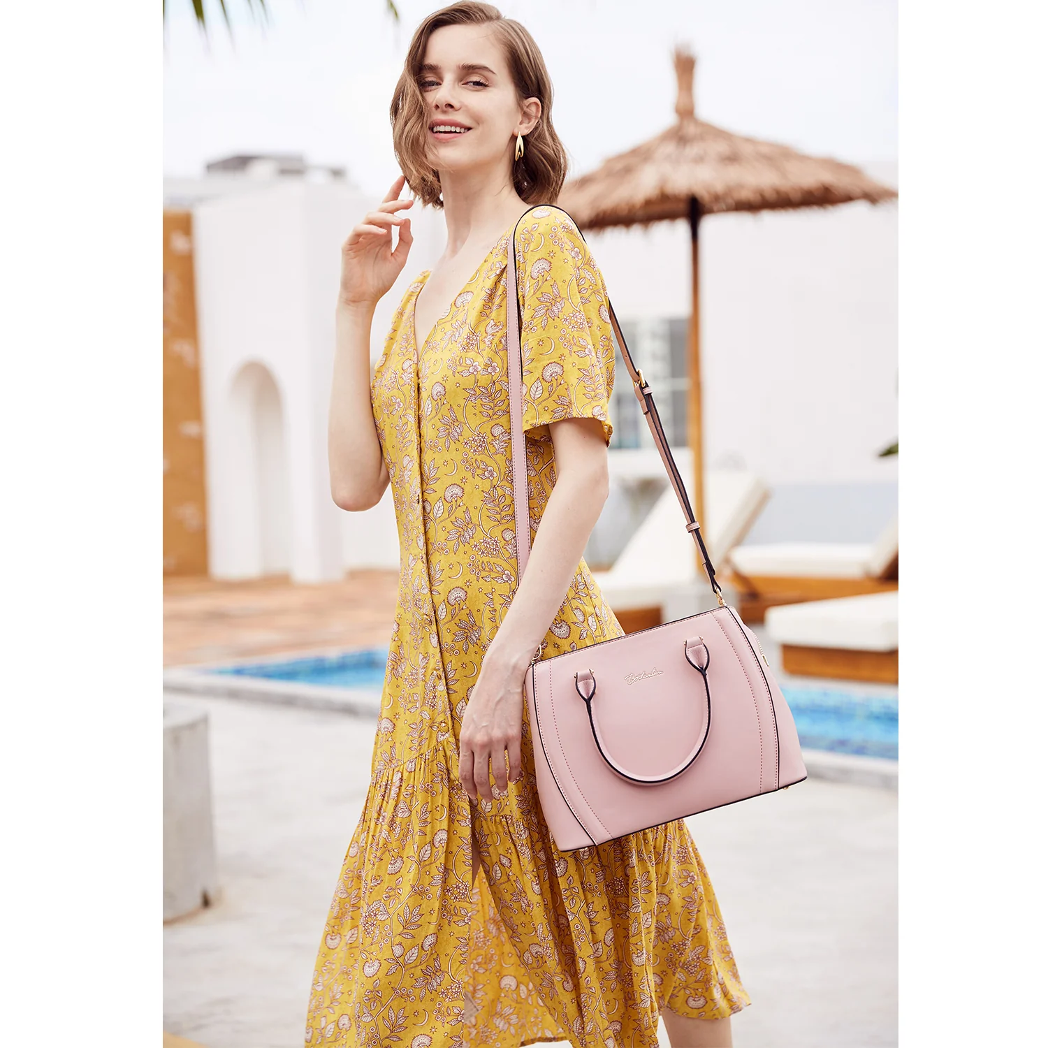 Designer 11'' Leather Satchel With Crossbody Strap-Yellow & Pink - Image 9
