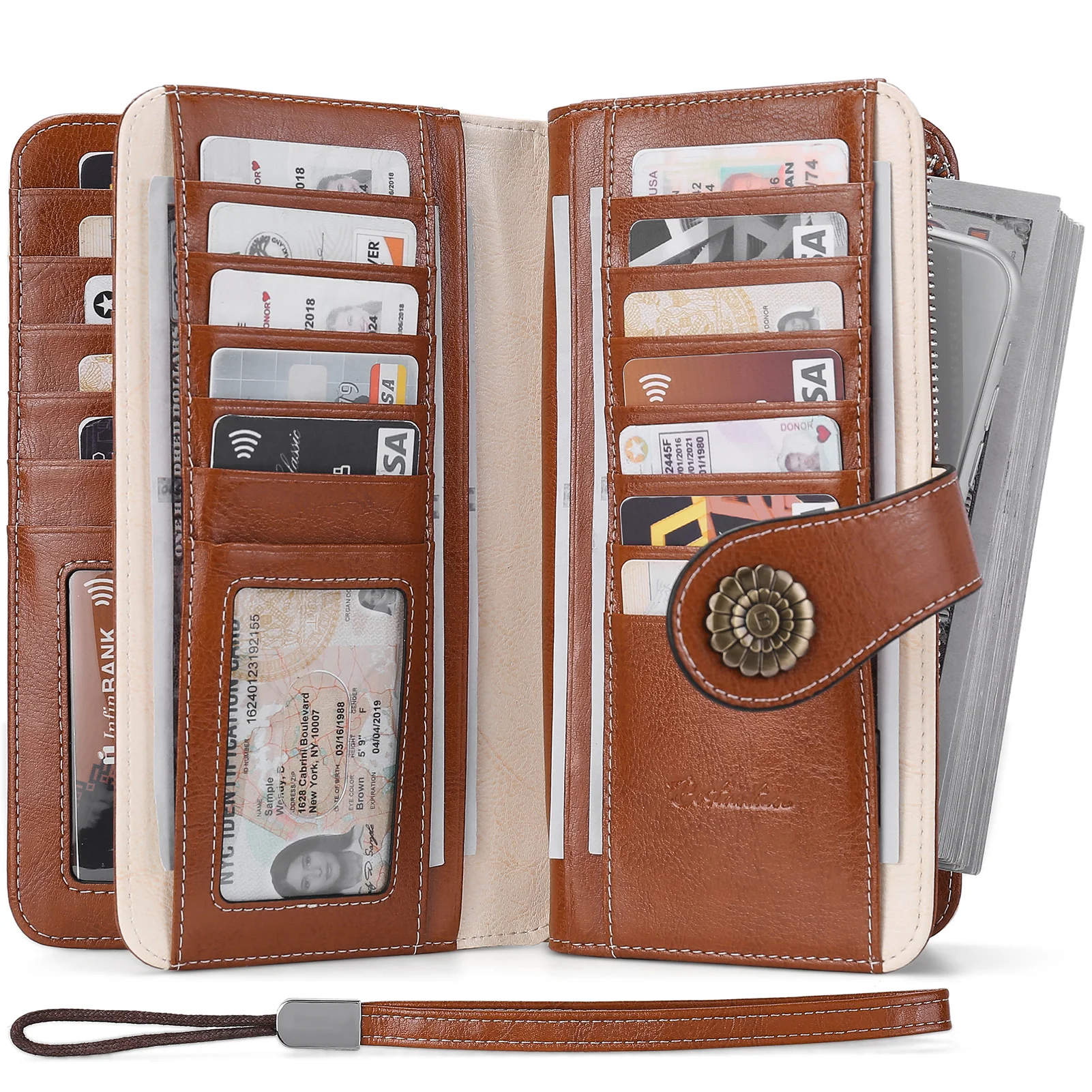 Lomy Leather Wallet For Women With Wristlet - Beige With Brown - Image 2