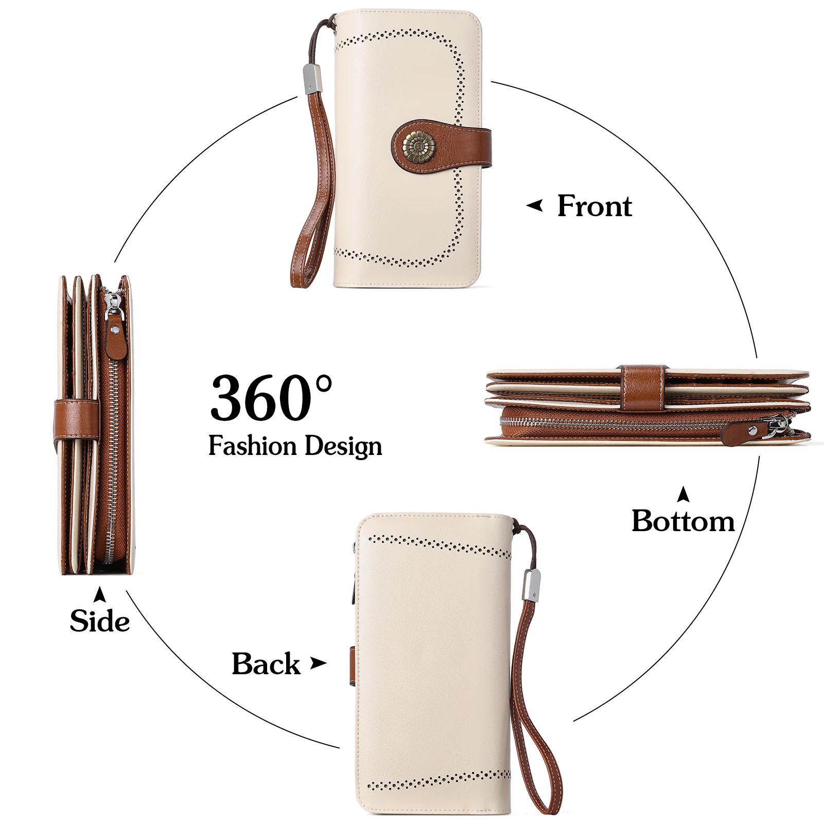 Lomy Leather Wallet For Women With Wristlet - Beige With Brown - Image 4