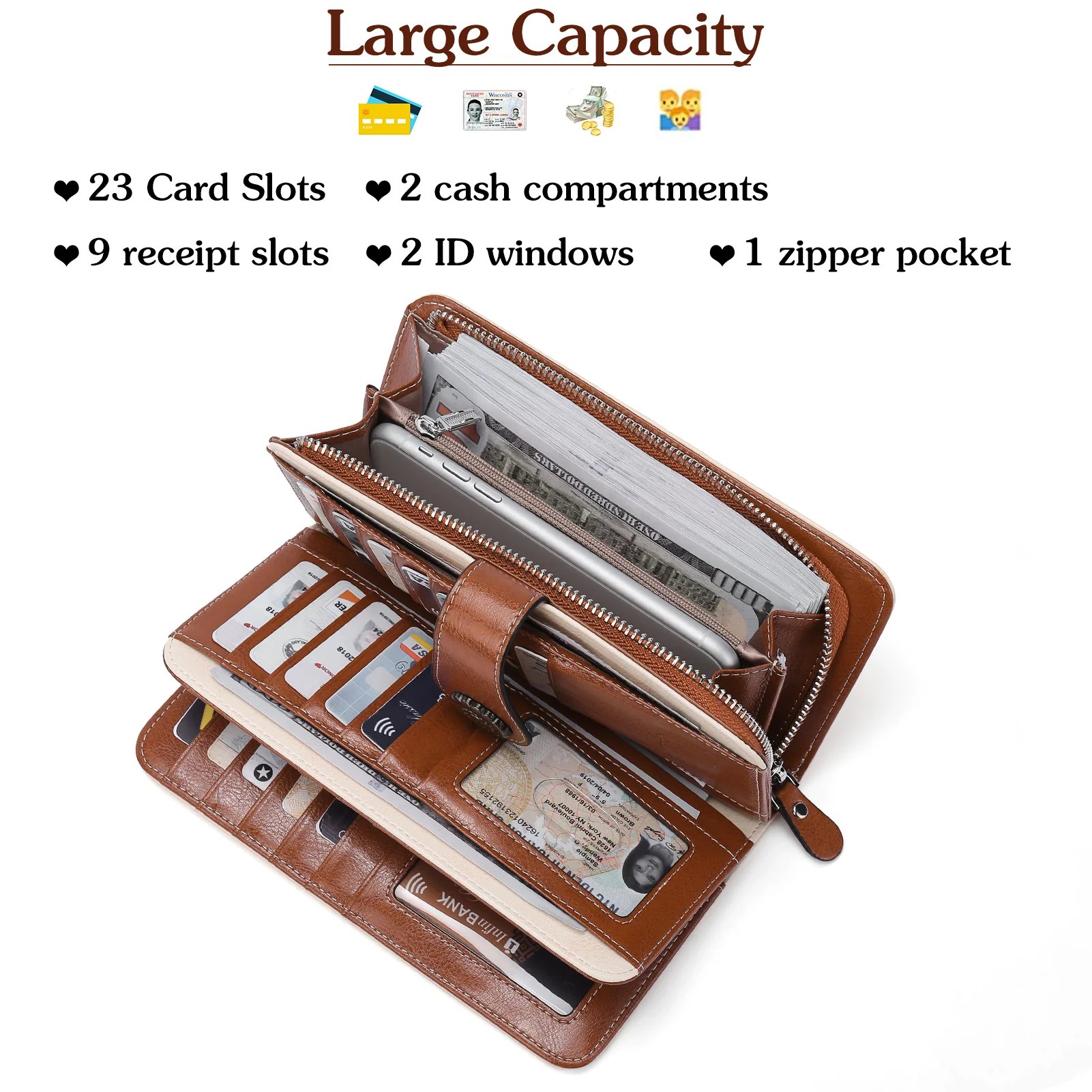 Lomy Leather Wallet For Women With Wristlet - Beige With Brown - Image 5