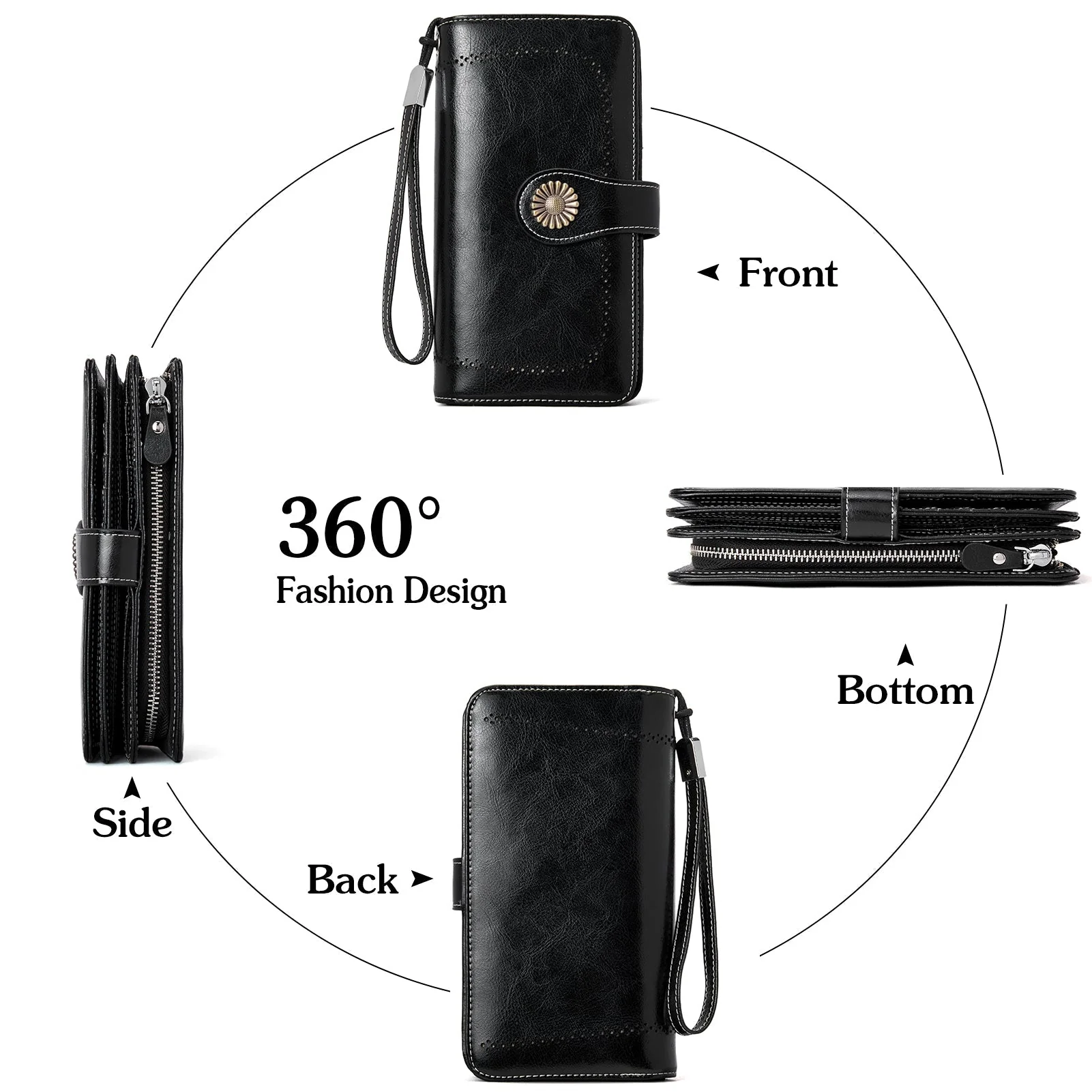 Lomy Leather Wallet For Women With Wristlet - Black - Image 5