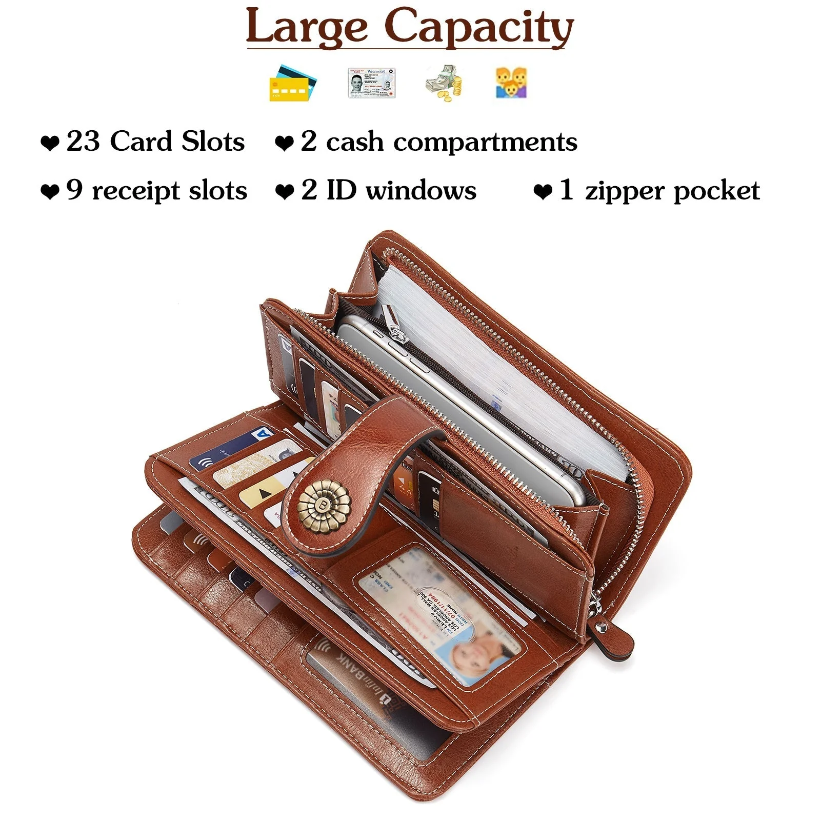 Lomy Leather Wallet For Women With Wristlet - Brown - Image 5
