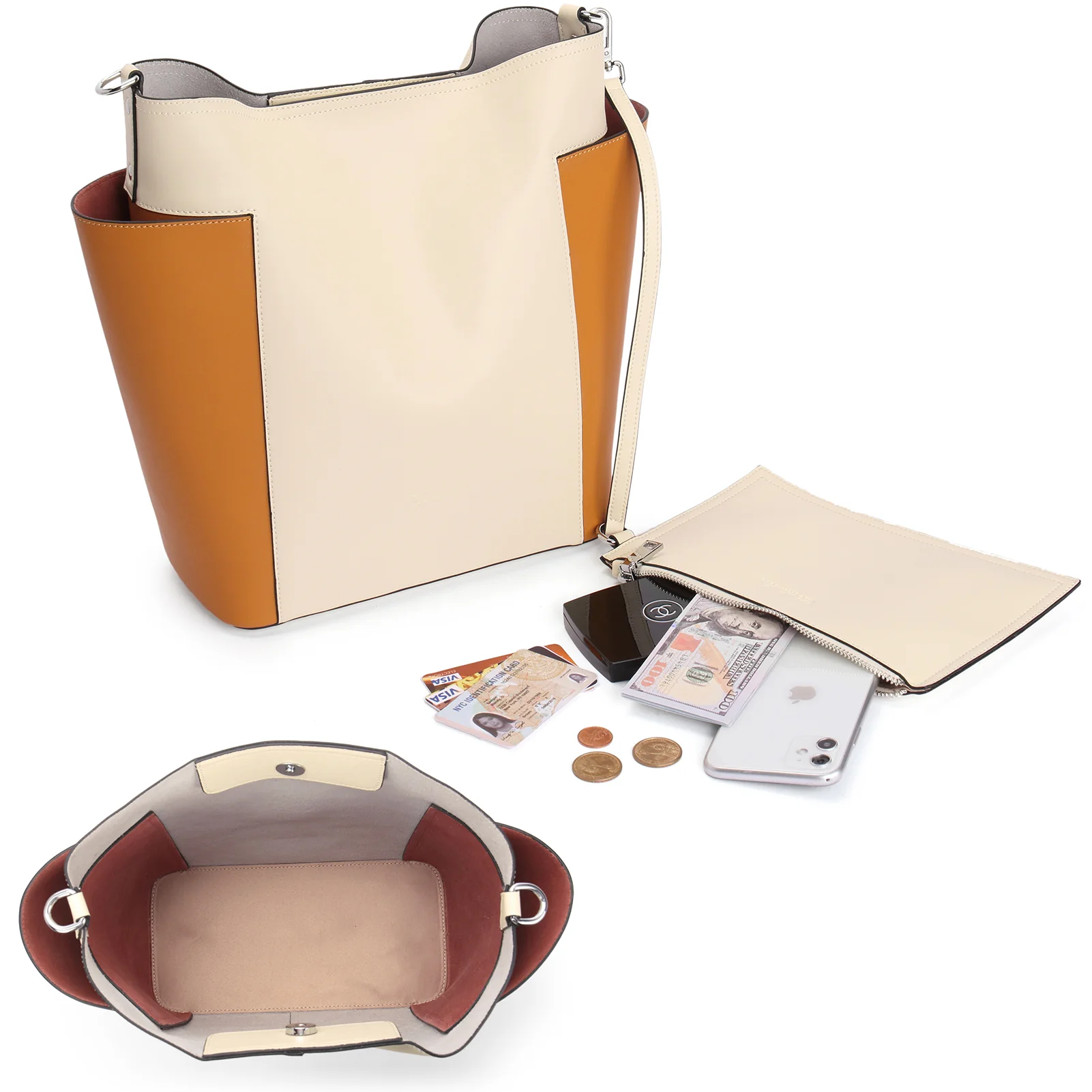 Lotty Functional and Fashionable Buttery Soft Leather Hobo Bag - Beige with Yellow - Image 3