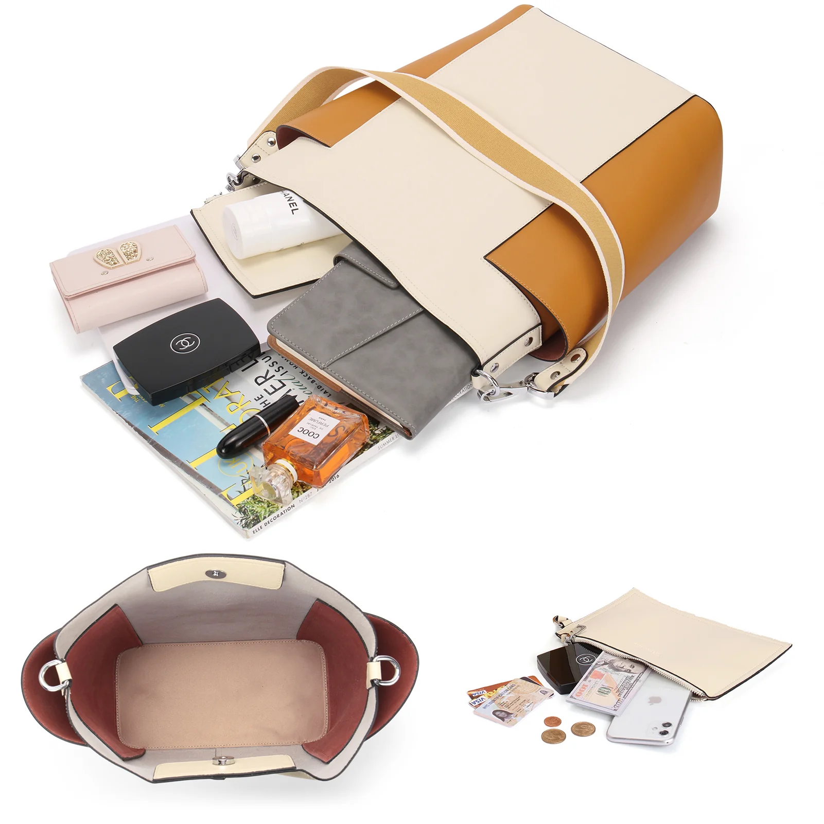 Lotty Functional and Fashionable Buttery Soft Leather Hobo Bag - Beige with Yellow - Image 4