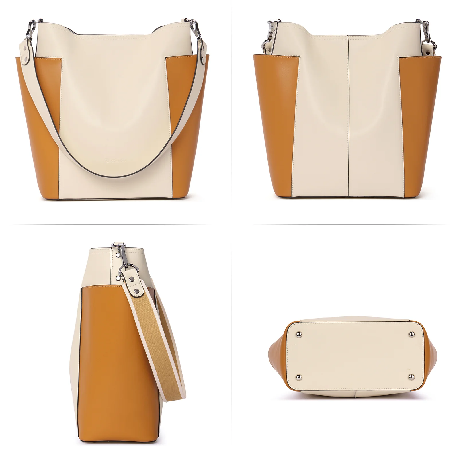 Lotty Functional and Fashionable Buttery Soft Leather Hobo Bag - Beige with Yellow - Image 6