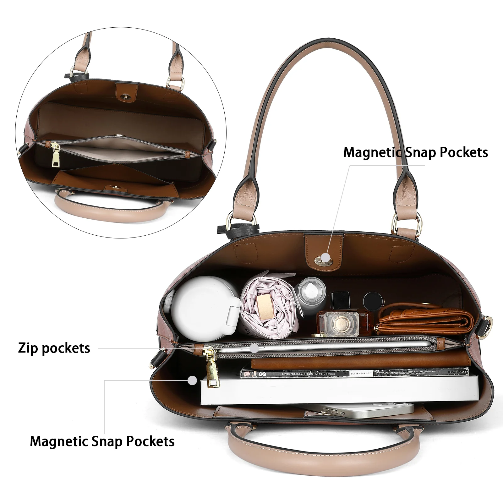 Satchel Handbags Leather Tote Purses Two Tone Designer Work Top Handle - Image 6