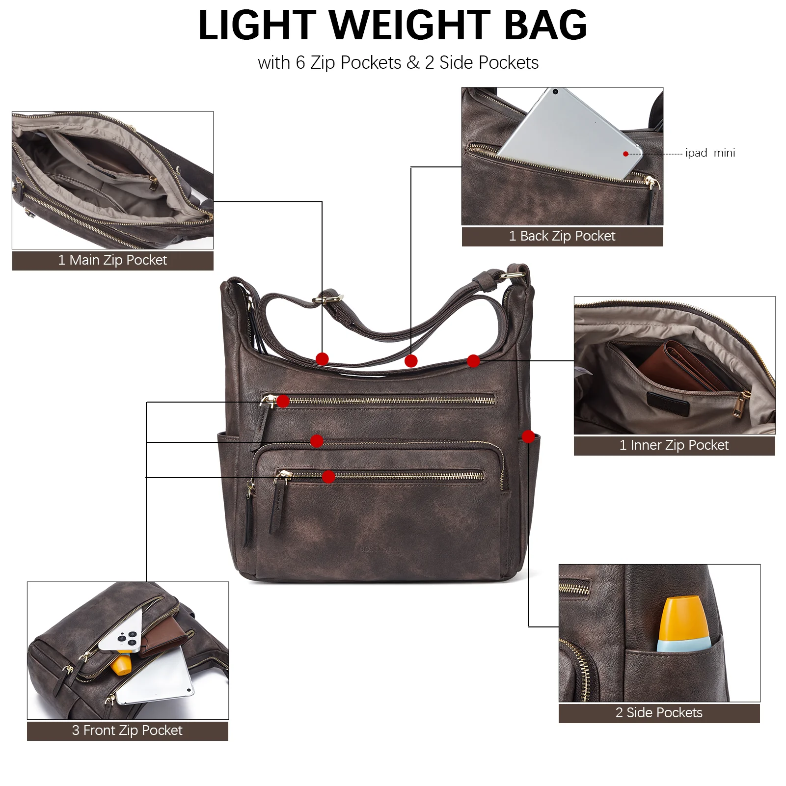 Evelyn Multi Pocket Shoulder Hobo Bag - Image 14