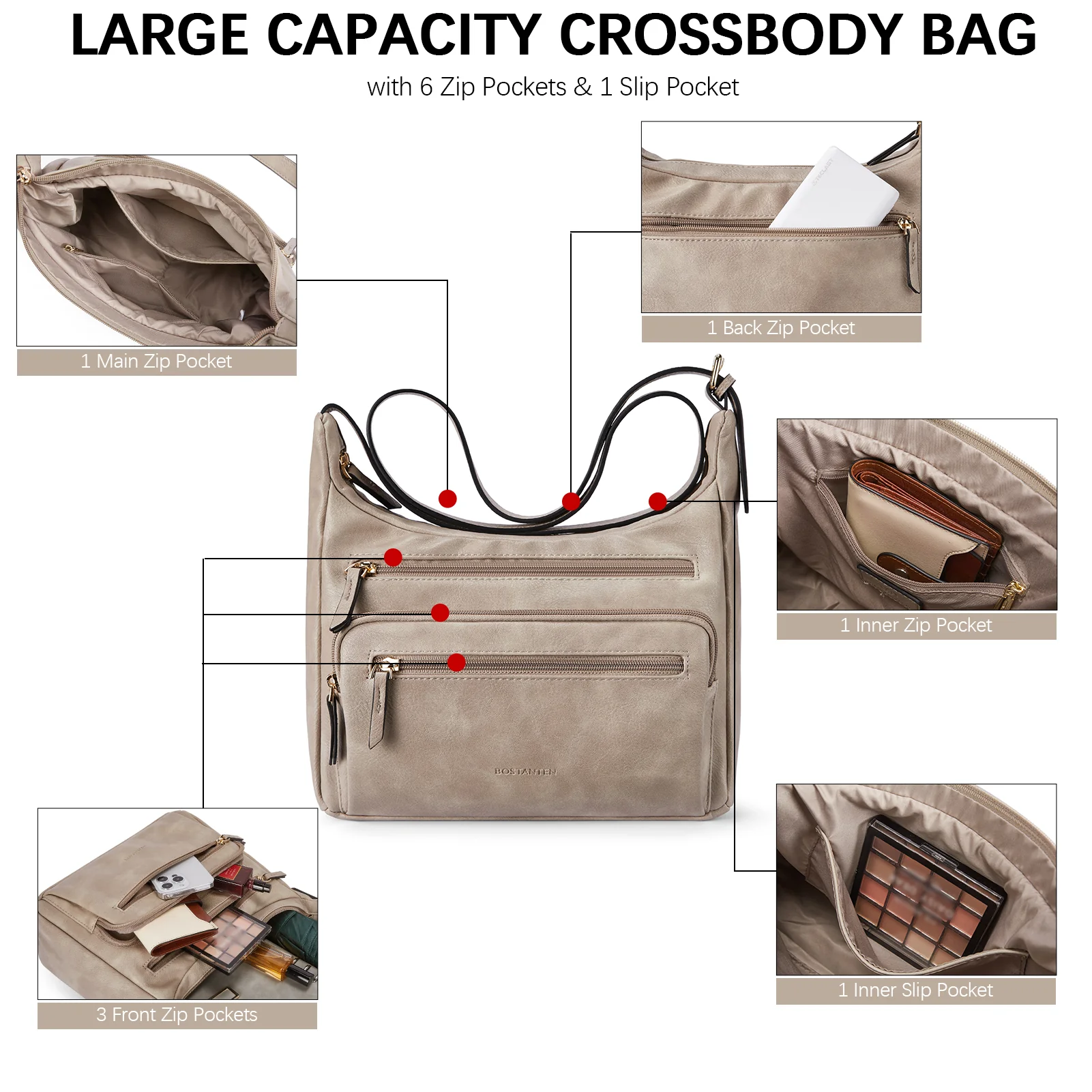 Evelyn Multi Pocket Shoulder Hobo Bag - Image 38